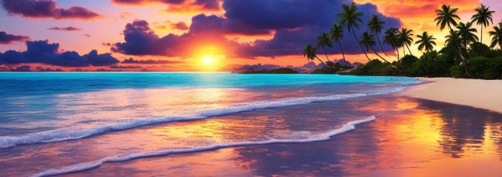 Sonnenuntergang an einem tropischen Strand.